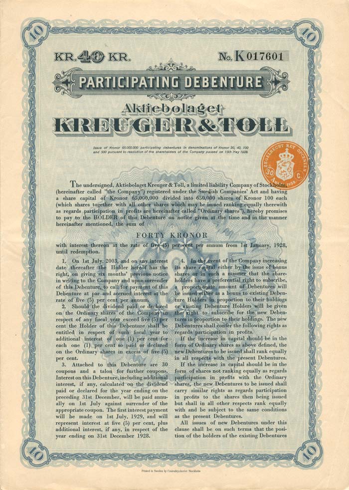 Aktiebolaget Kreuger and Toll - Foreign Bond